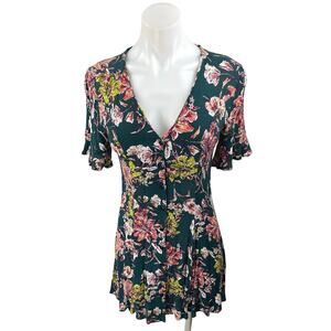 Lulus Green Multicolor Floral Deep V Neck Short Sleeve A Line Mini Dress Size XS